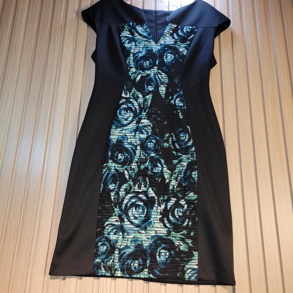 Connected Apparel Women 6P Black Blue Floral V-Neck Sheath Dress TNP4173P